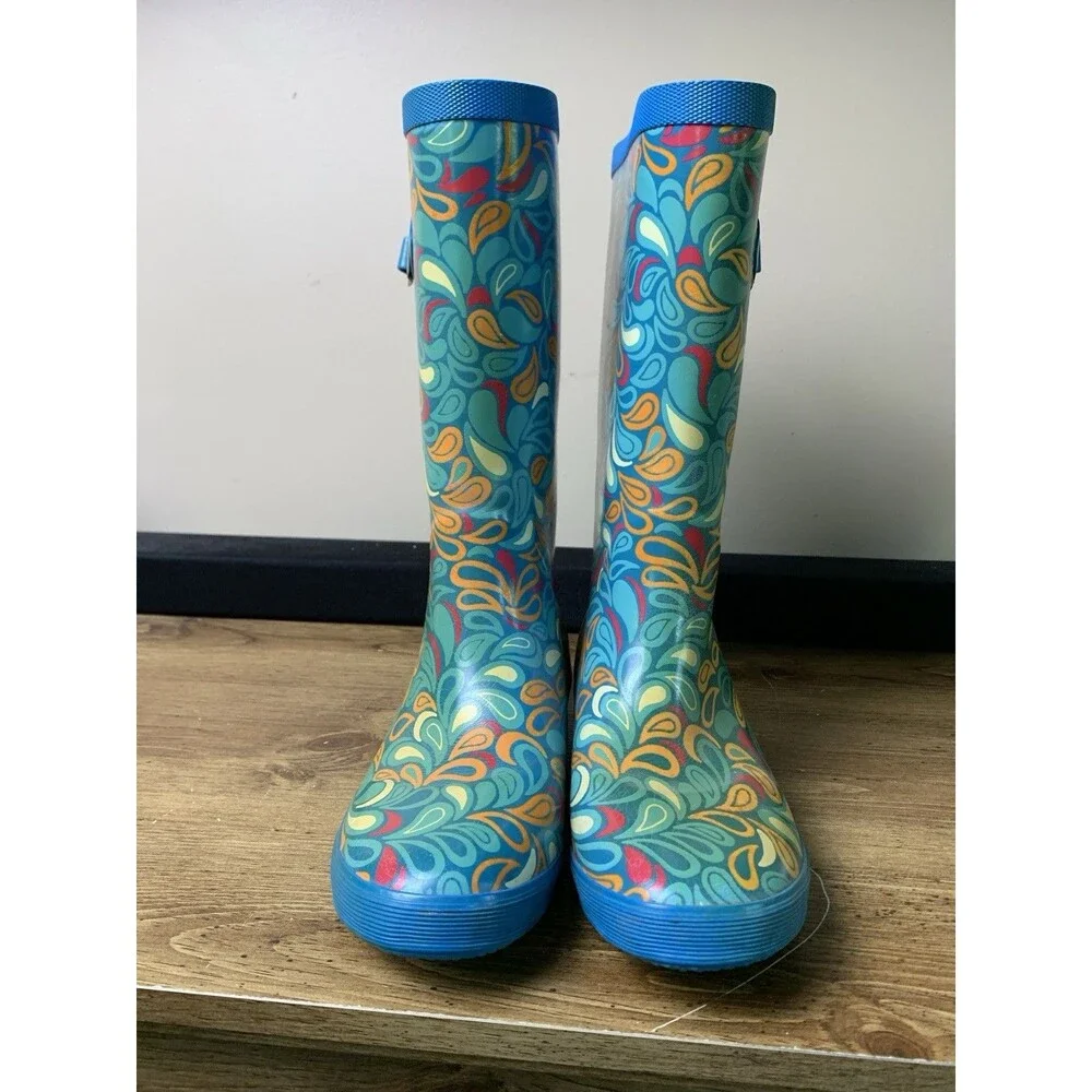 🌻2 for $20🌻 LL Bean Wellie Rain Boots Kids Blue Paisley Girls Size 6 Outdoor